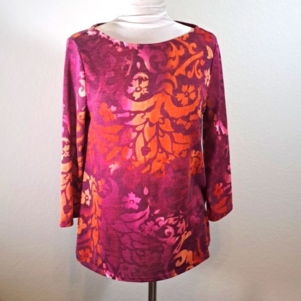 Chico’s Women’s Top Size S Raspberry Orange Scroll Ombré Boatneck Knit Top 3/4